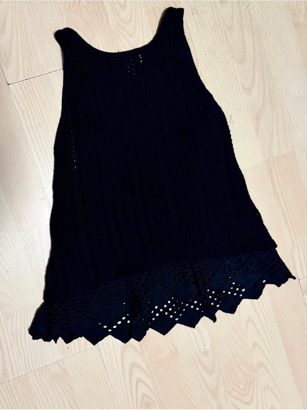 Black Sleeveless Knit Tank with Scalloped Eyelet Hem